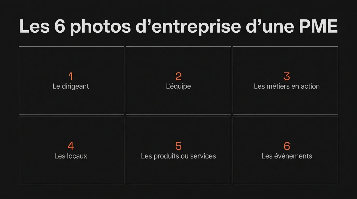 Les six familles de photos d’entreprise d’une PME : le dirigeant, l’équipe, les métiers en action, les locaux, les produits ou services, les événements