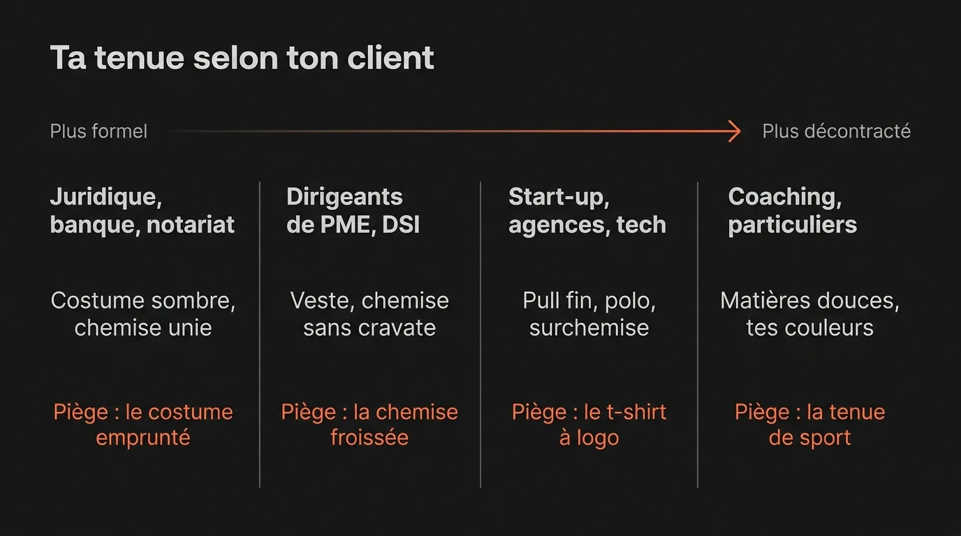 Ta tenue de photo professionnelle selon ton client : costume sombre pour le juridique et la banque, veste et chemise sans cravate pour les dirigeants de PME, pull fin ou polo pour les start-up, matières douces pour le coaching, avec le piège propre à chaque tenue