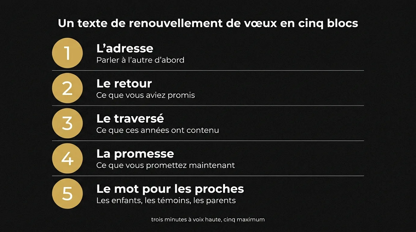 La trame d’un texte de renouvellement de vœux en cinq blocs : l’adresse, le retour, le traversé, la promesse, le mot pour les proches