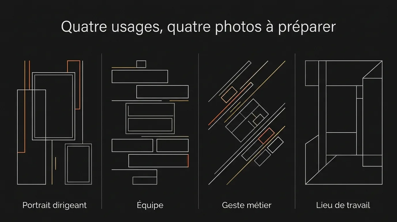 Quatre usages photo pour une entreprise : portrait du dirigeant, équipe, geste métier et lieu de travail