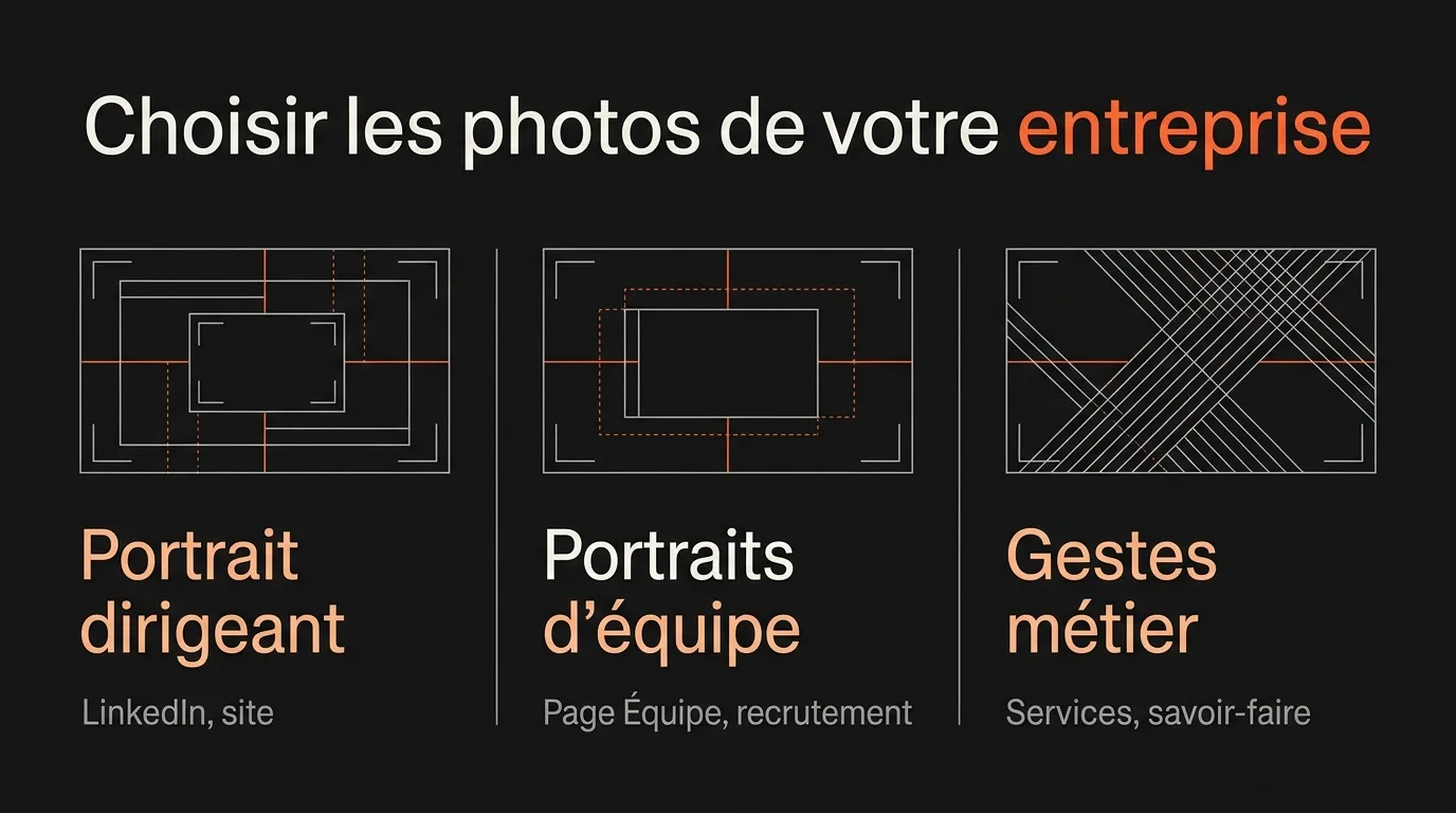 Trois familles de photos d’entreprise : portrait du dirigeant, portraits d’équipe et gestes métier, avec leurs usages