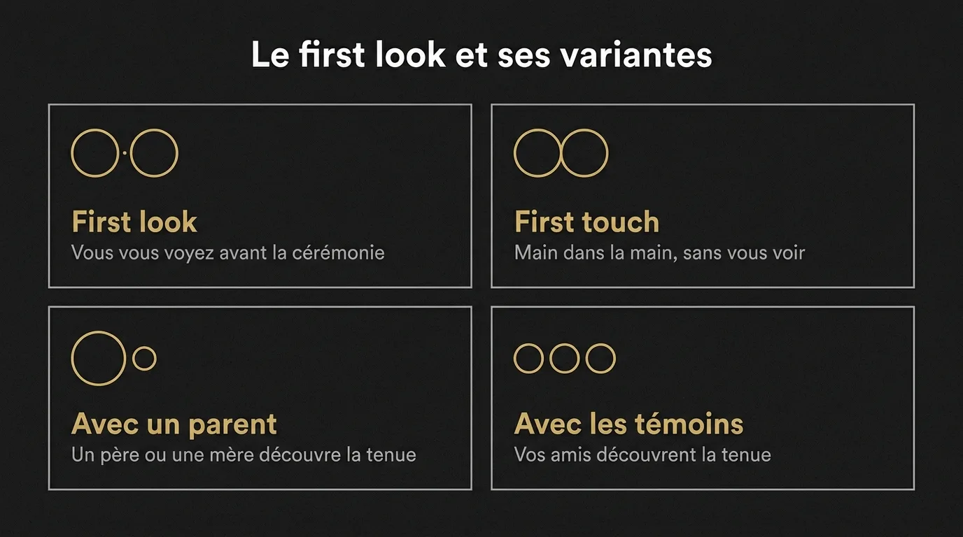 Les quatre variantes du first look au mariage : first look du couple, first touch sans se voir, first look avec un parent et first look avec les témoins
